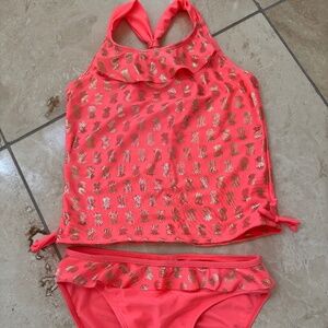 Girls Tankini bikini Like New 10/12 Peach Gold Pineapple